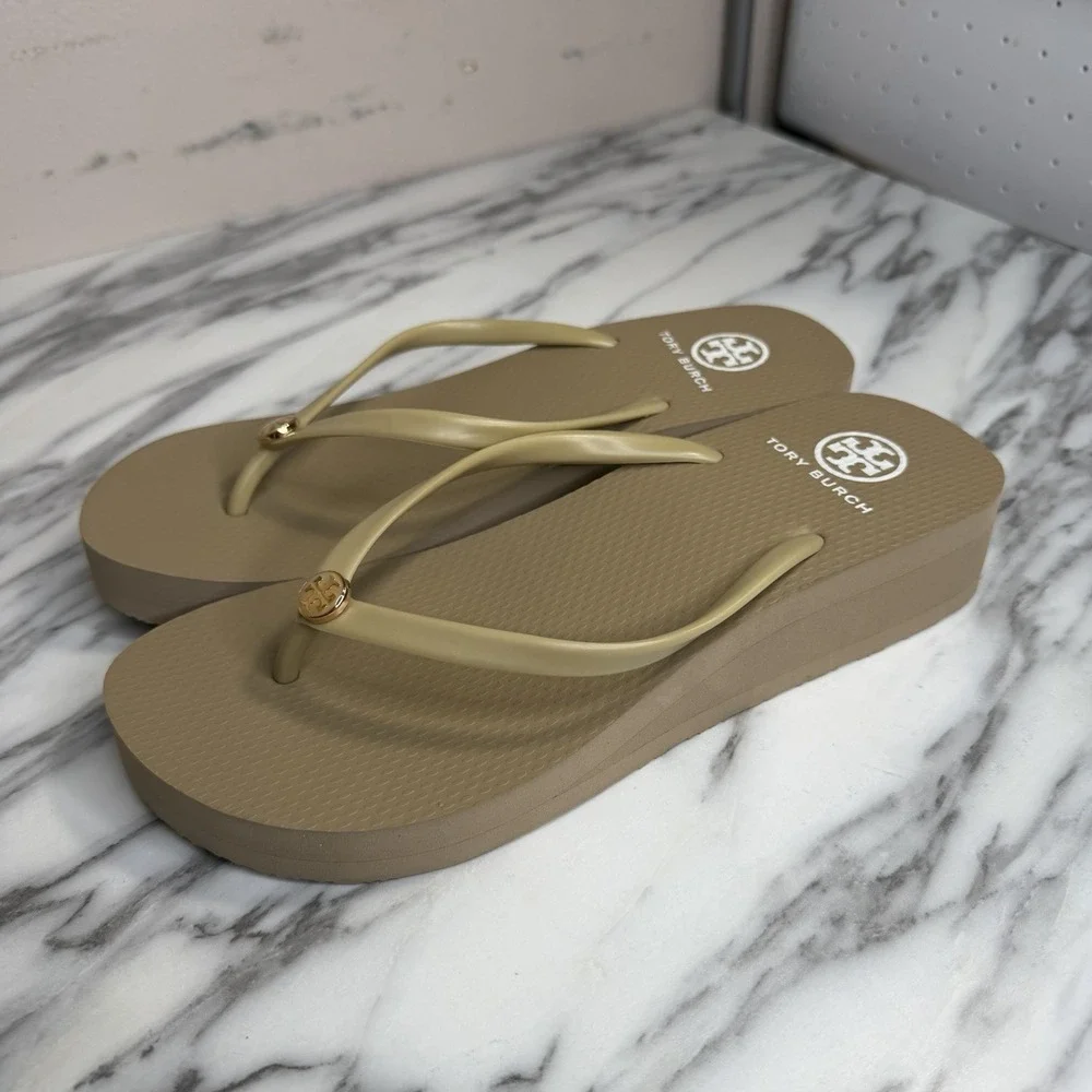 Tory Burch Womens Beige Gold Platform Flip Flop Size 9 Chunky Beach Preppy
